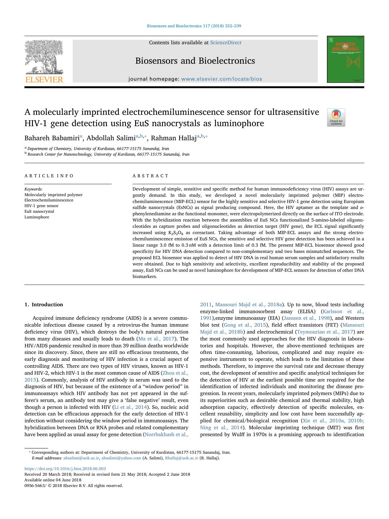 A molecularly imprinted electrochemiluminescence sensor for ultrasensitive HIV-1 gene detection using EuS nanocrystals as luminophore by Bahareh Babamiri & Abdollah Salimi & Rahman Hallaj