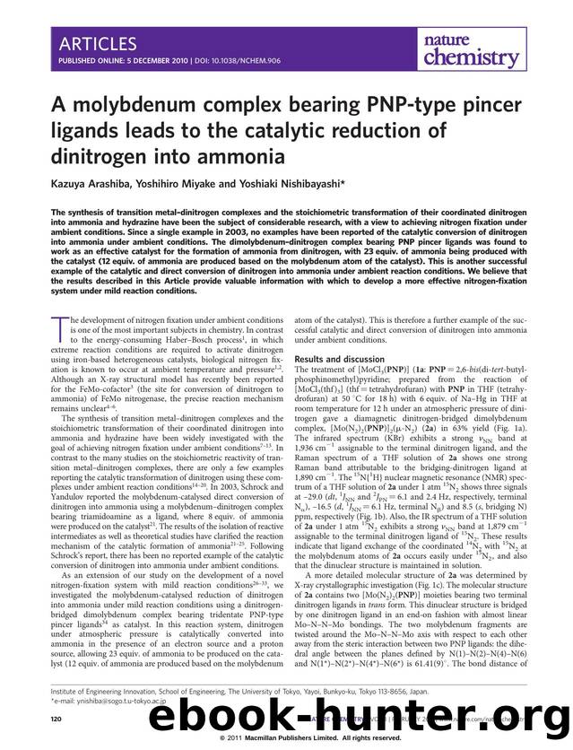 A molybdenum complex bearing PNP-type pincer ligands leads to the catalytic reduction of dinitrogen into ammonia by Kazuya Arashiba & Yoshihiro Miyake & Yoshiaki Nishibayashi