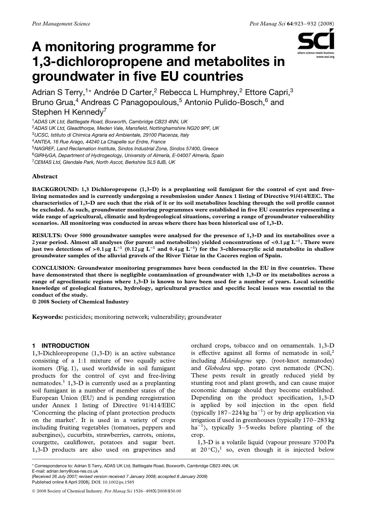 A monitoring programme for 1,3-dichloropropene and metabolites in groundwater in five EU countries by Unknown