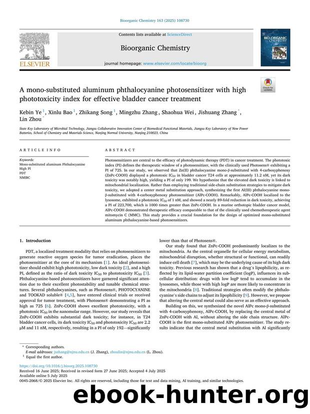 A mono-substituted aluminum phthalocyanine photosensitizer with high phototoxicity index for effective bladder cancer treatment by Kebin Ye & Xinlu Bao & Zhikang Song & Mingzhu Zhang & Shaohua Wei & Jishuang Zhang & Lin Zhou