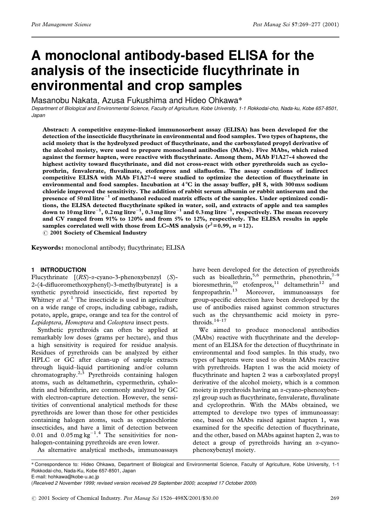 A monoclonal antibody-based ELISA for the analysis of the insecticide flucythrinate in environmental and crop samples by Unknown