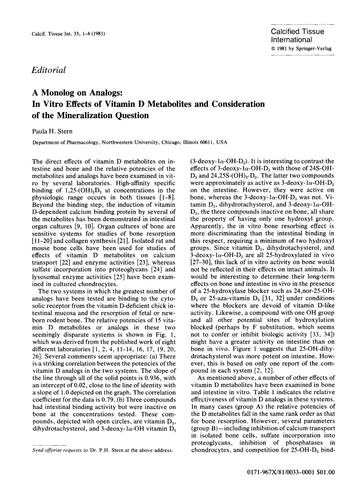 A monolog on analogs: In vitro effects of vitamin D metabolites and consideration of the mineralization question by Unknown
