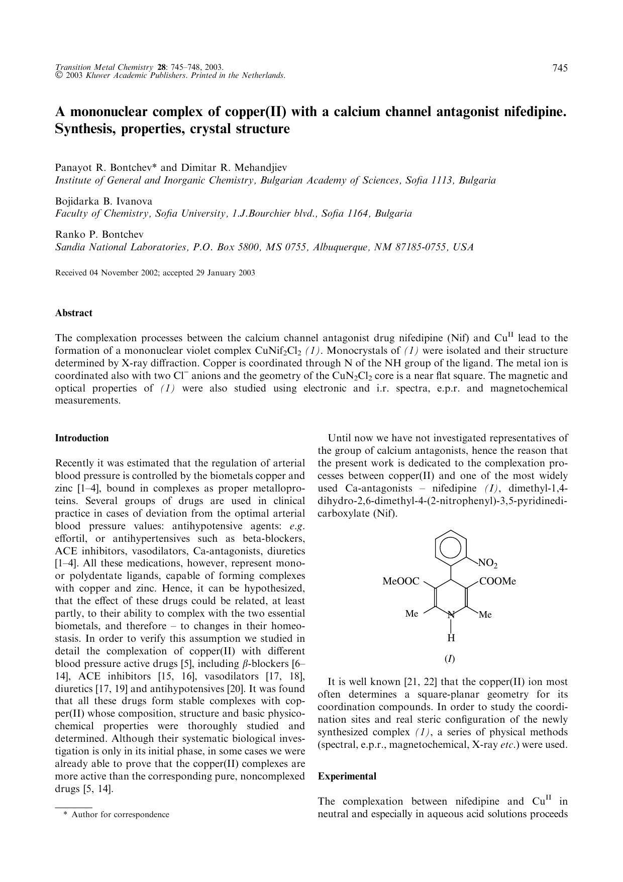 A mononuclear complex of copper(II) with a calcium channel antagonist nifedipine. Synthesis, properties, crystal structure by Unknown