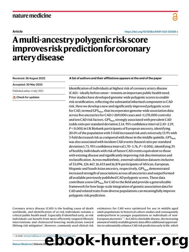 A multi-ancestry polygenic risk score improves risk prediction for coronary artery disease by unknow