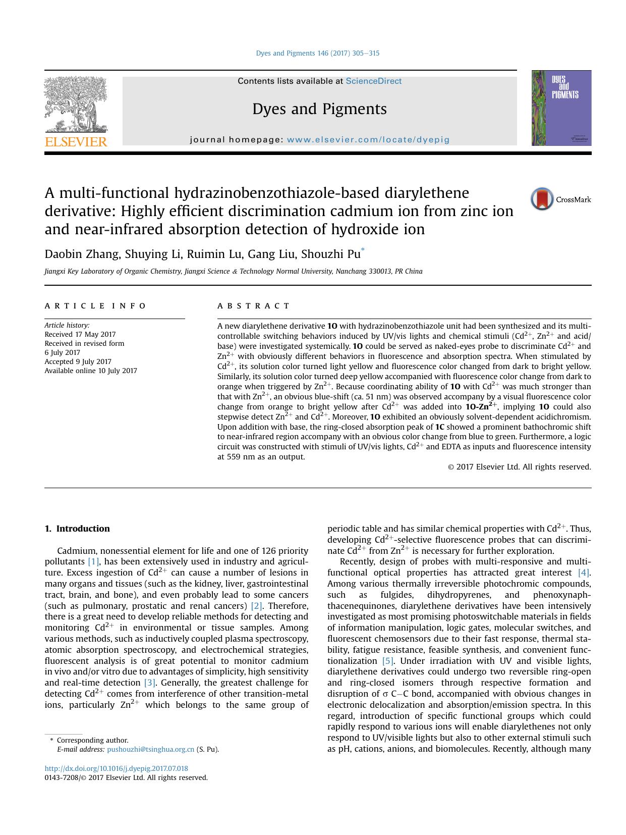 A multi-functional hydrazinobenzothiazole-based diarylethene derivative: Highly efficient discrimination cadmium ion from zinc ion and near-infrared absorption detection of hydroxide ion by Daobin Zhang & Shuying Li & Ruimin Lu & Gang Liu & Shouzhi Pu