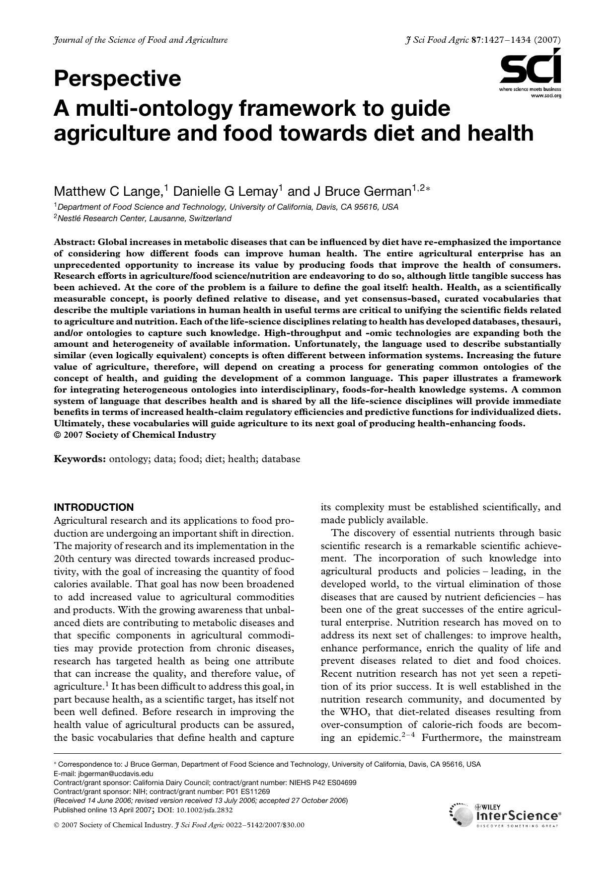 A multi-ontology framework to guide agriculture and food towards diet and health by Unknown