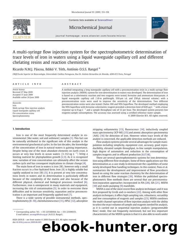 A multi-syringe flow injection system for the spectrophotometric determination of trace levels of iron in waters using a liquid waveguide capillary cell and different chelating res by Ricardo N.M.J. Páscoa; Ildikó V. Tóth; António O.S.S. Rangel