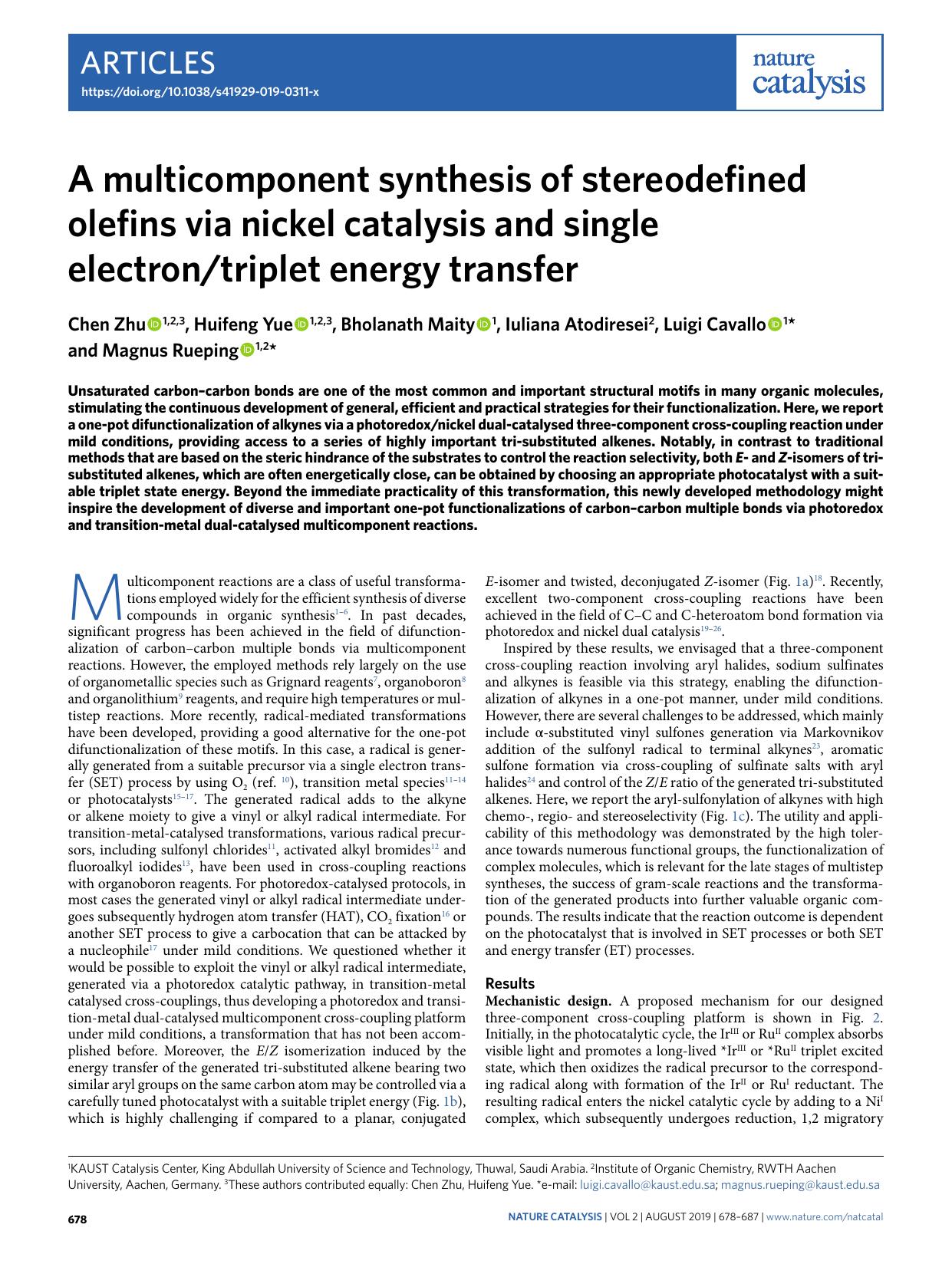 A multicomponent synthesis of stereodefined olefins via nickel catalysis and single electrontriplet energy transfer by Chen Zhu & Huifeng Yue & Bholanath Maity & Iuliana Atodiresei & Luigi Cavallo & Magnus Rueping