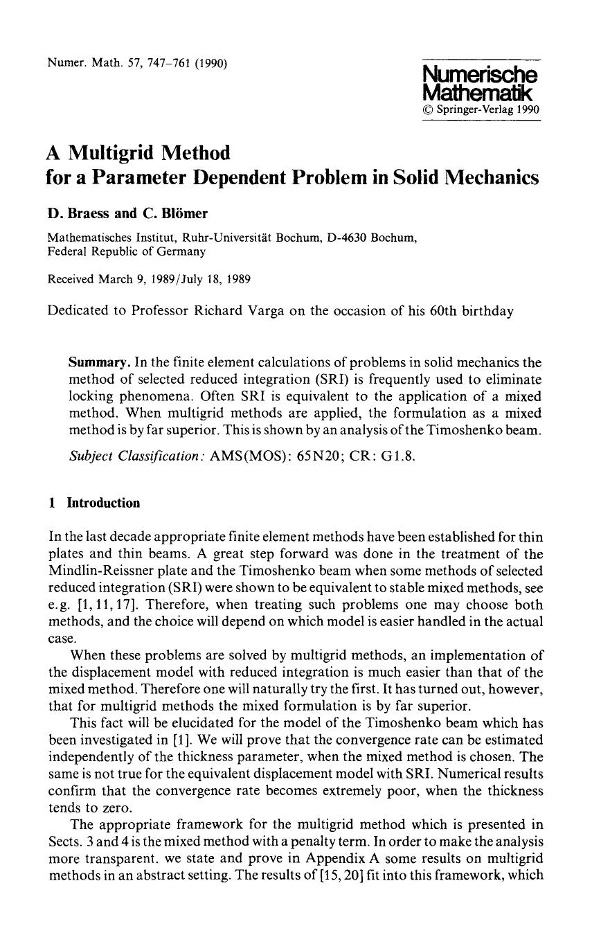 A multigrid method for a parameter dependent problem in solid mechanics by Unknown
