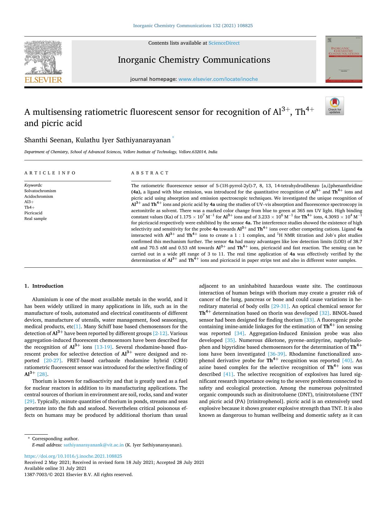 A multisensing ratiometric fluorescent sensor for recognition of Al3+, Th4+ and picric acid by Shanthi Seenan