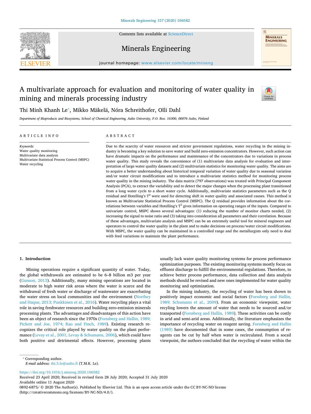 A multivariate approach for evaluation and monitoring of water quality in mining and minerals processing industry by Thi Minh Khanh Le & Mikko Mäkelä & Nóra Schreithofer & Olli Dahl