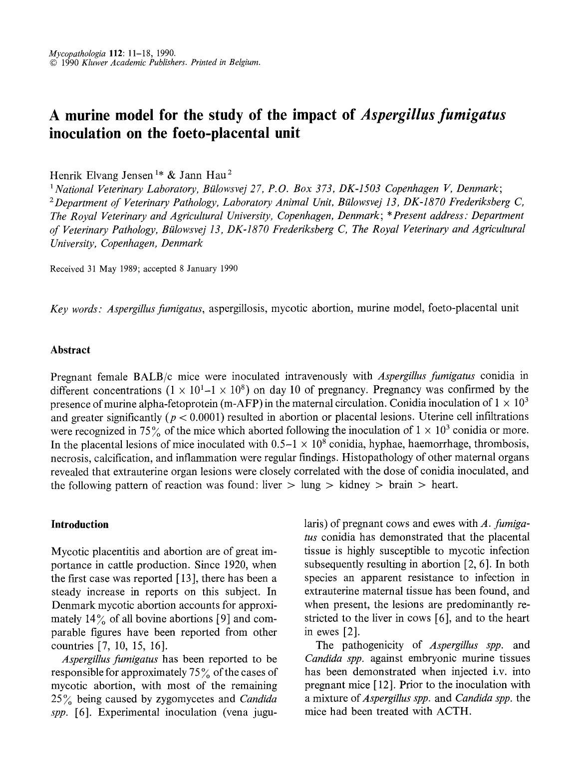 A murine model for the study of the impact of <Emphasis Type="Italic">Aspergillus fumigatus <Emphasis> inoculation on the foeto-placental unit by Unknown