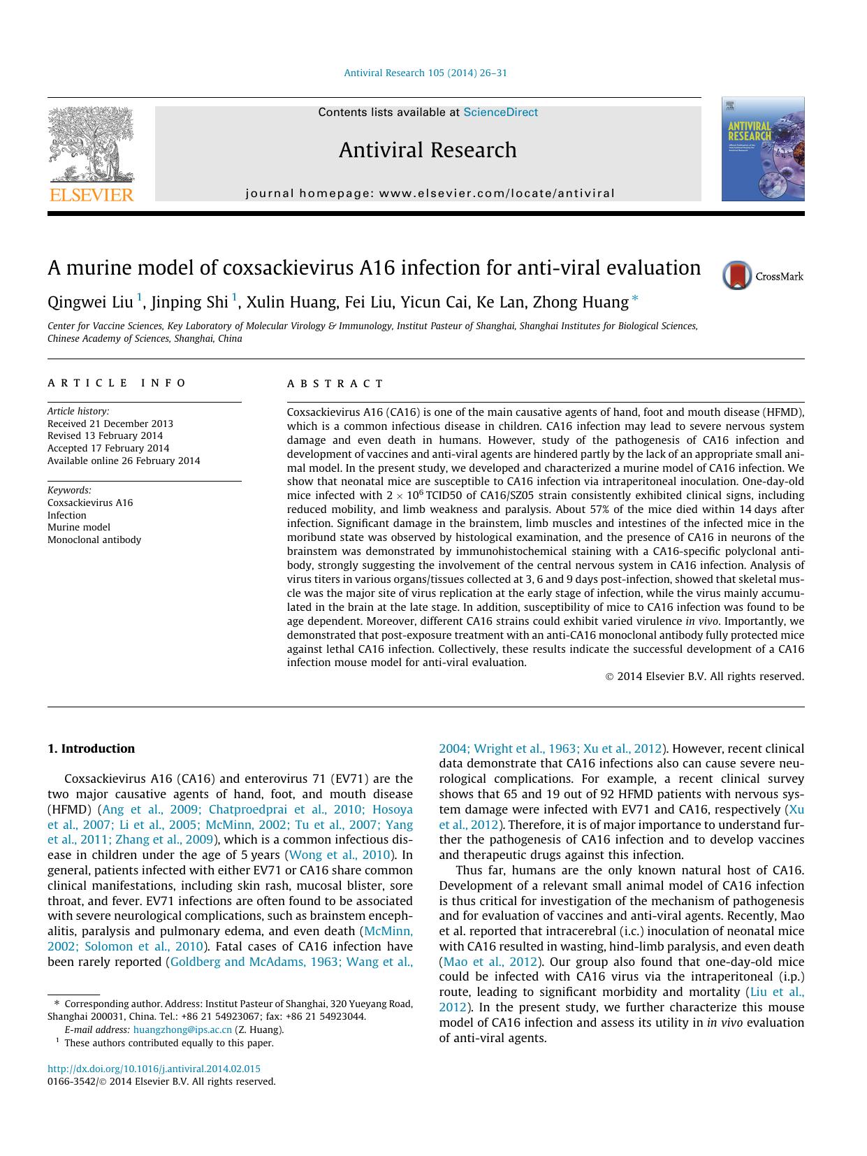 A murine model of coxsackievirus A16 infection for anti-viral evaluation by Qingwei Liu & Jinping Shi & Xulin Huang & Fei Liu & Yicun Cai & Ke Lan & Zhong Huang