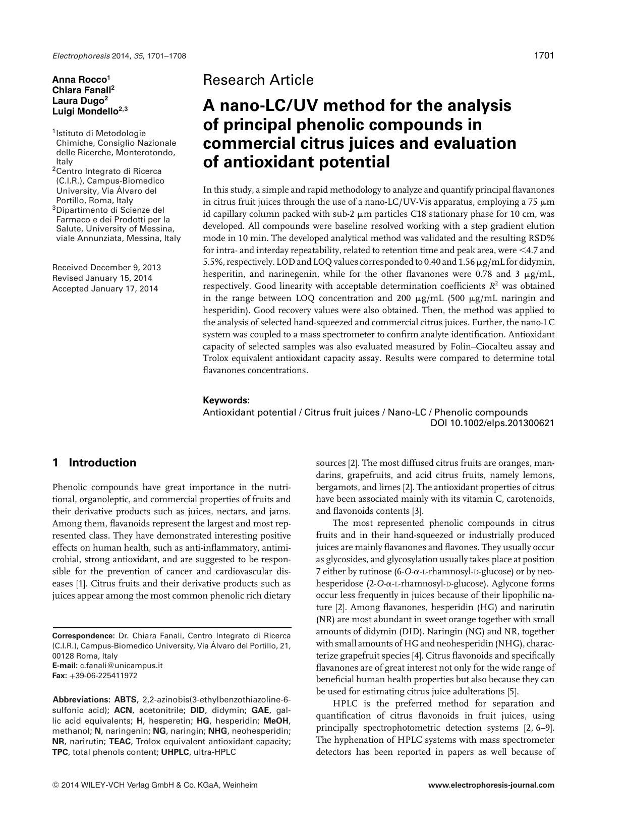 A nano&#x02010;LC&#x0002F;UV method for the analysis of principal phenolic compounds in commercial citrus juices and evaluation of antioxidant potential by Unknown