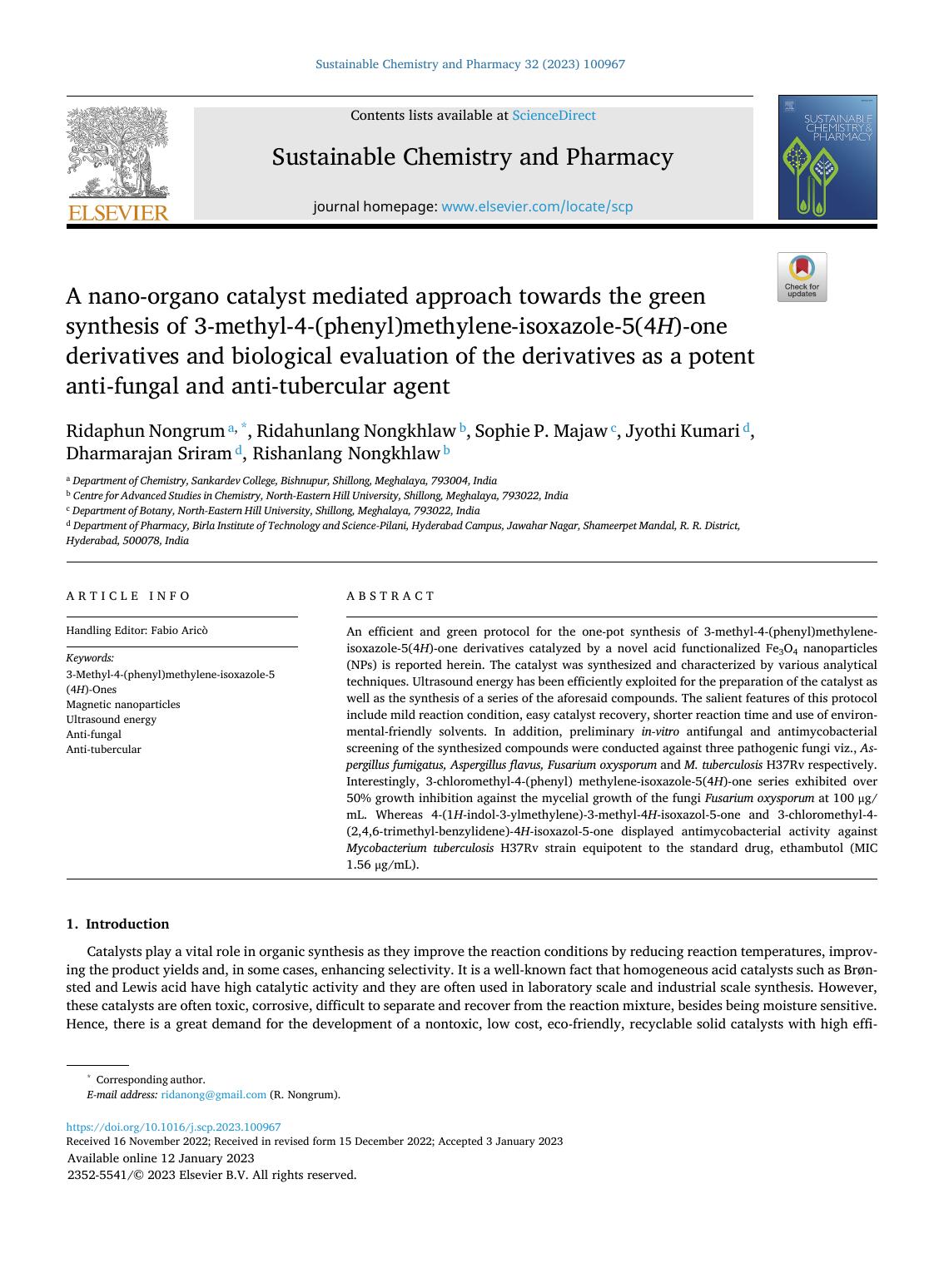 A nano-organo catalyst mediated approach towards the green synthesis of 3-methyl-4-(phenyl)methylene-isoxazole-5(4 H )-one derivatives and biological evaluation of the derivatives  by unknow