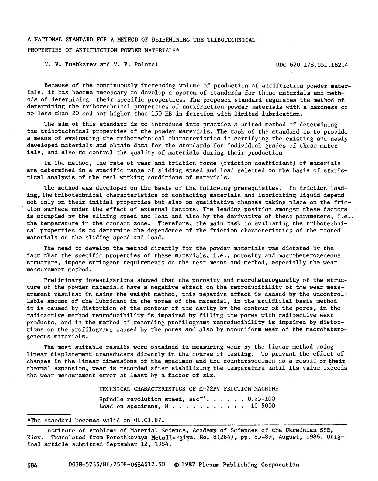 A national standard for a method of determining the tribotechnical properties of antifriction powder materials by Unknown