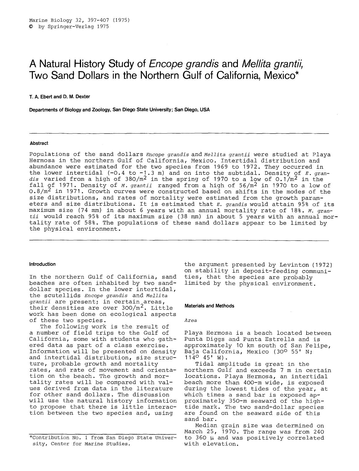 A natural history study of <Emphasis Type="Italic">Encope grandis<Emphasis> and <Emphasis Type="Italic">Mellita grantii<Emphasis>, two sand dollars in the northern gulf of California, Mexico by Unknown