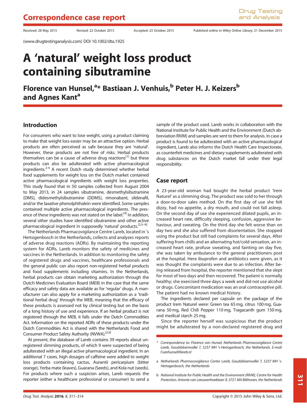 A natural weight loss product containing sibutramine by Florence Hunsel Bastiaan J. Venhuis Peter H. J. Keizers Agnes Kant