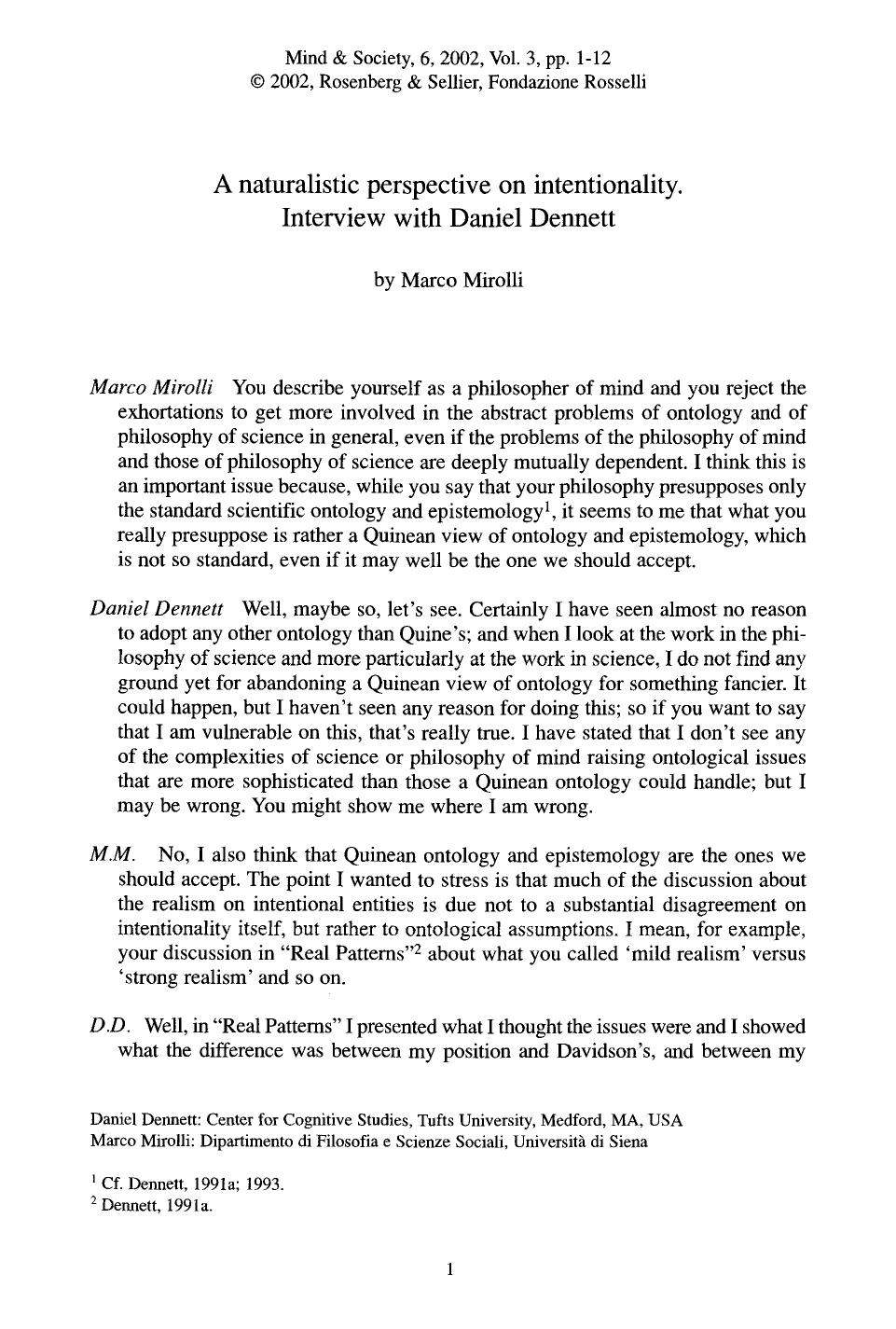 A naturalistic perspective on intentionality. Interview with Daniel Dennett by A naturalistic perspective on intentionality