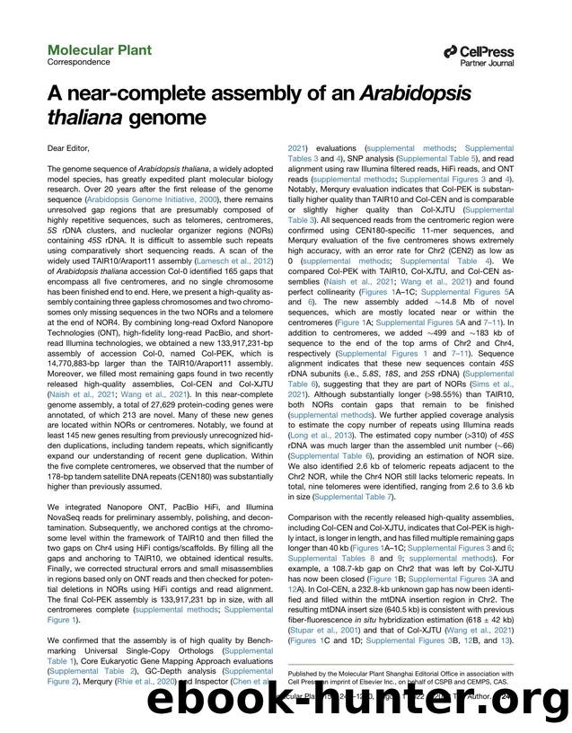 A near-complete assembly of an Arabidopsis thaliana genome by Xueren Hou & Depeng Wang & Zhukuan Cheng & Ying Wang & Yuling Jiao