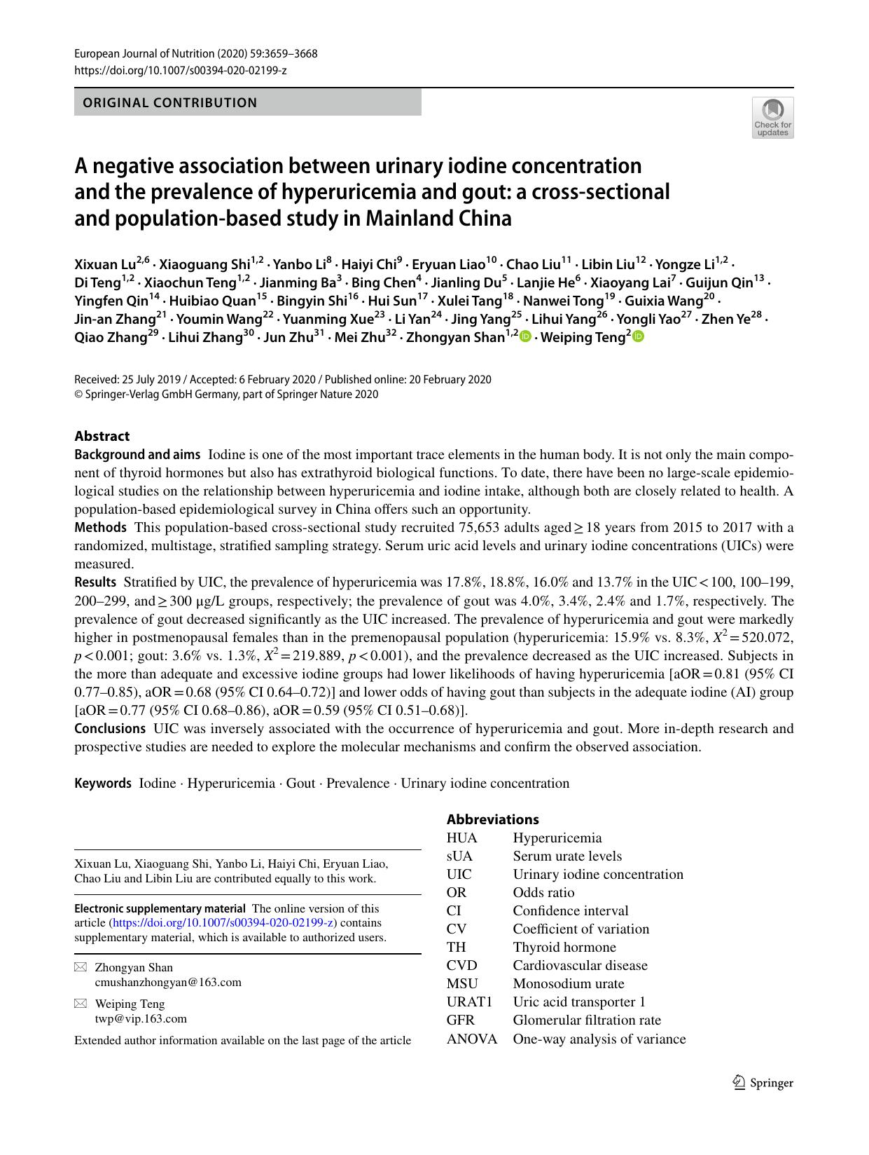 A negative association between urinary iodine concentration and the prevalence of hyperuricemia and gout: a cross-sectional and population-based study in Mainland China by unknow