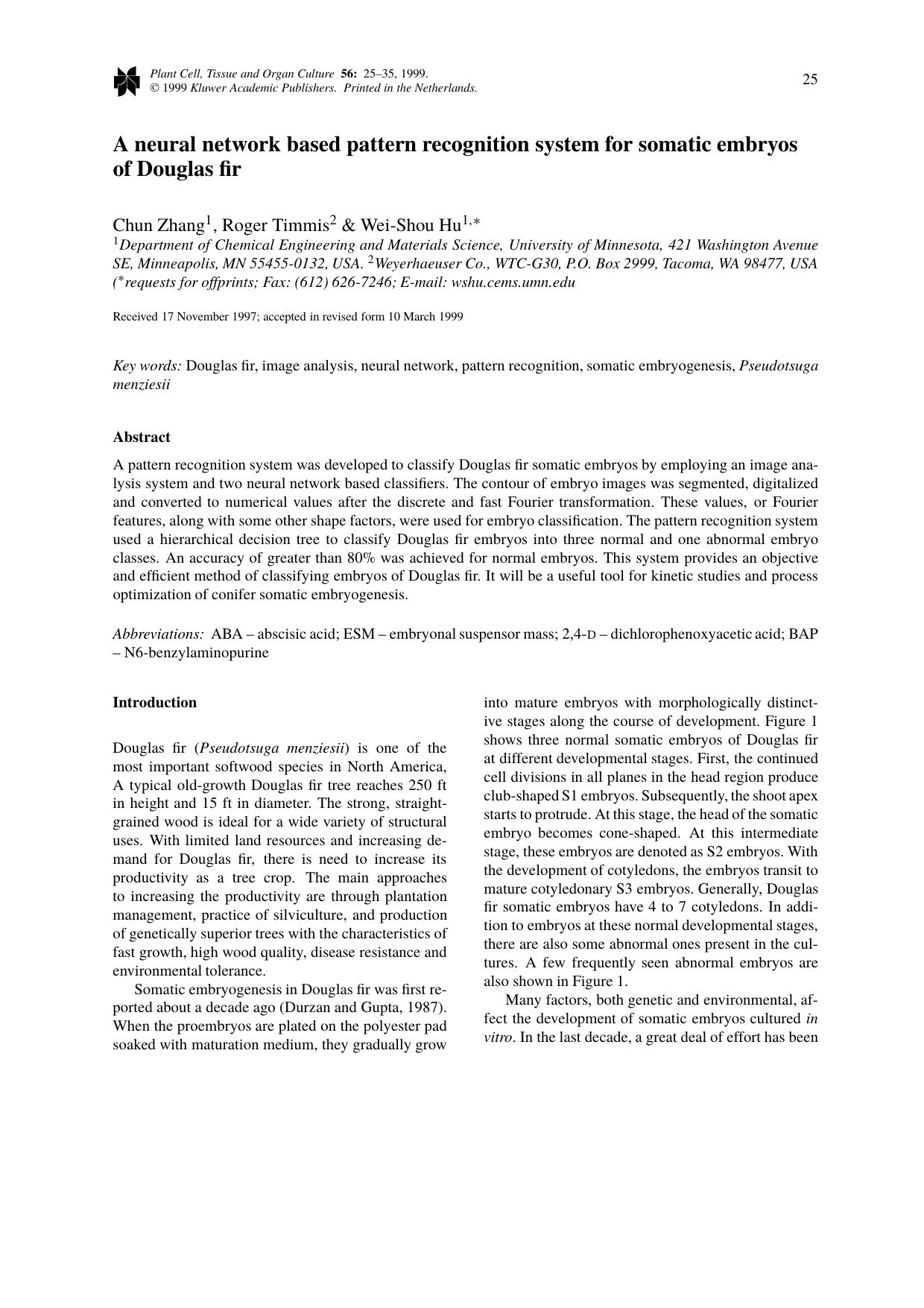 A neural network based pattern recognition system for somatic embryos of Douglas fir by Unknown