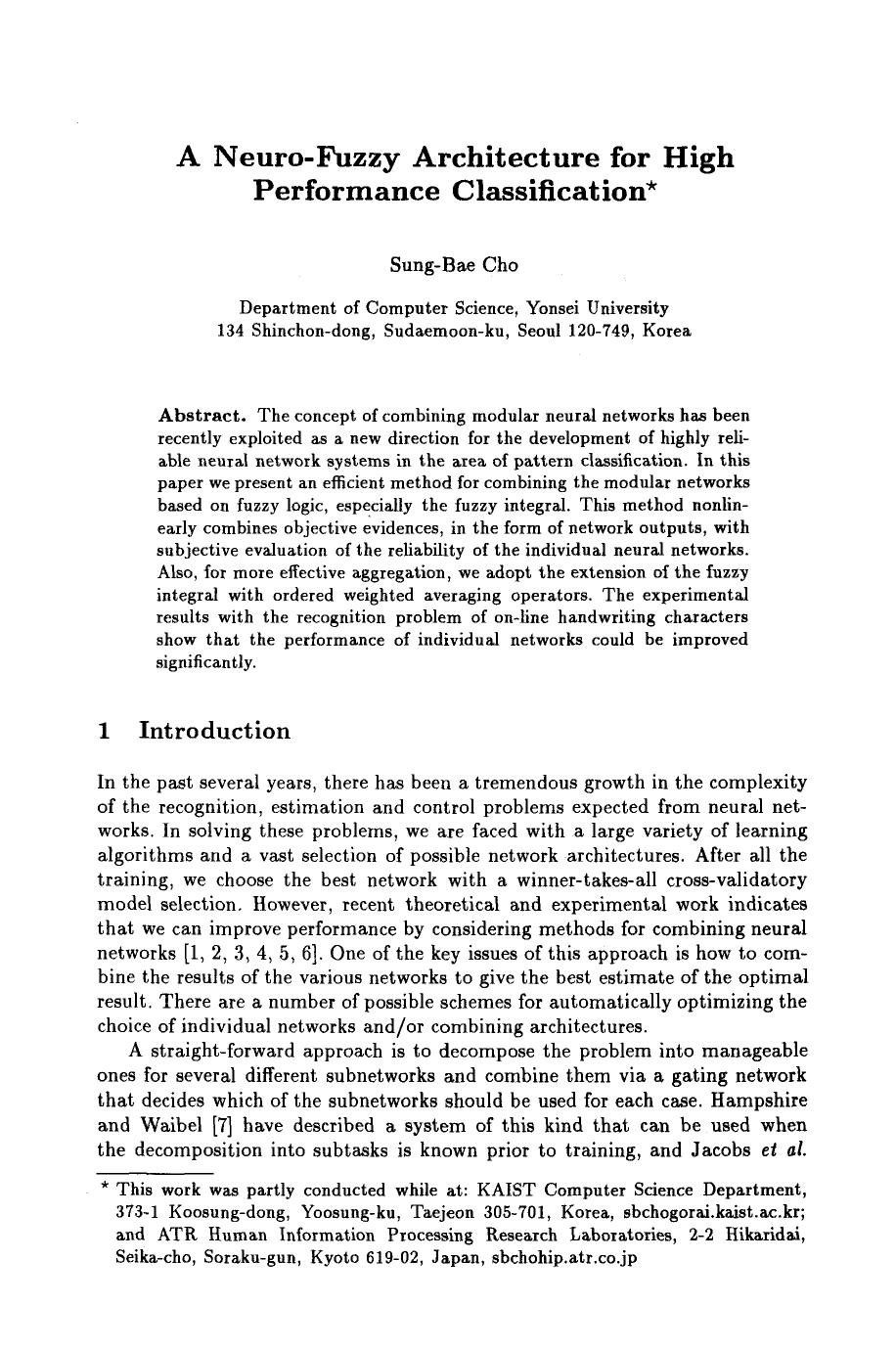 A neuro-fuzzy architecture for high performance classification by Unknown