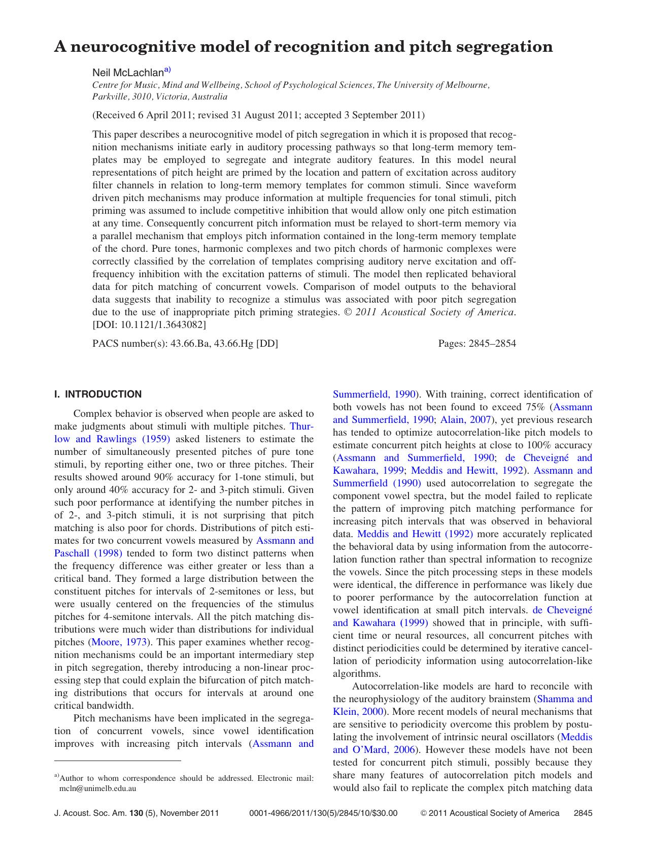 A neurocognitive model of recognition and pitch segregation by Neil McLachlan