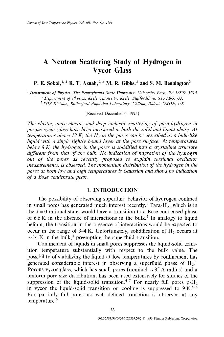A neutron scattering study of hydrogen in vycor glass by Unknown