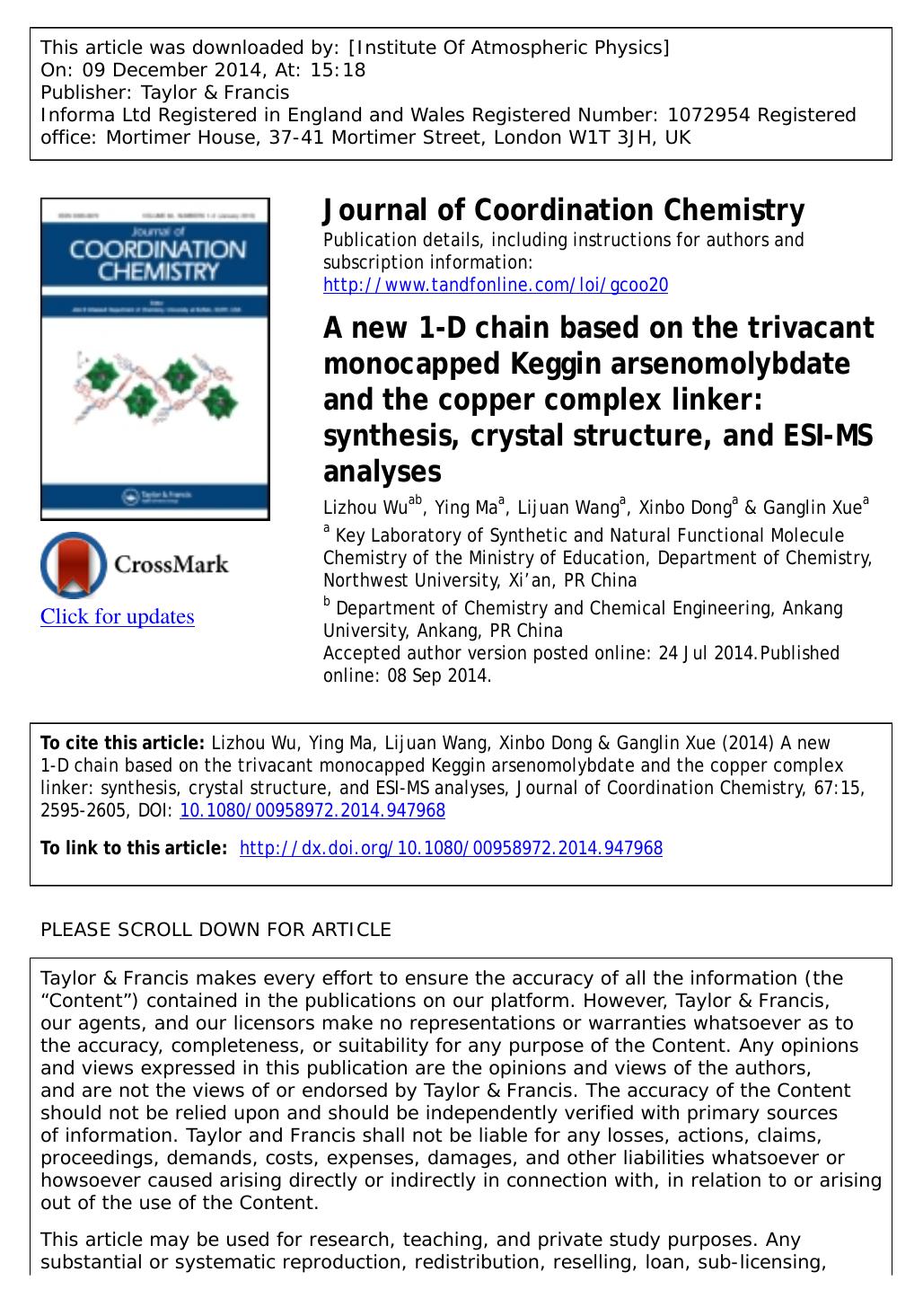 A new 1-D chain based on the trivacant monocapped Keggin arsenomolybdate and the copper complex linker: synthesis, crystal structure, and ESI-MS analyses by Lizhou Wu