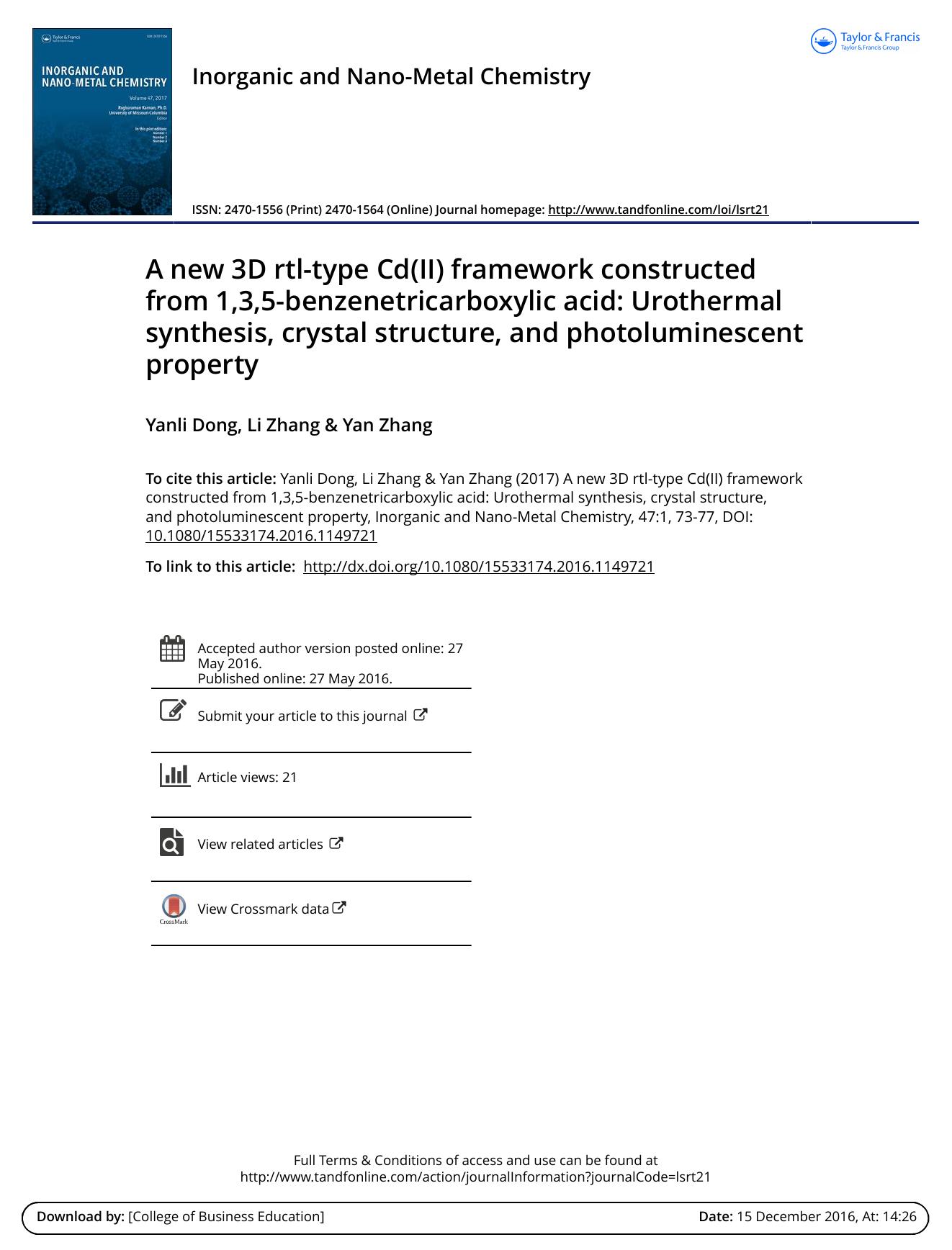 A new 3D rtl-type Cd\(II\) framework constructed from 1,3,5-benzenetricarboxylic acid: Urothermal synthesis, crystal structure, and photoluminescent property by Yanli Dong & Li Zhang & Yan Zhang
