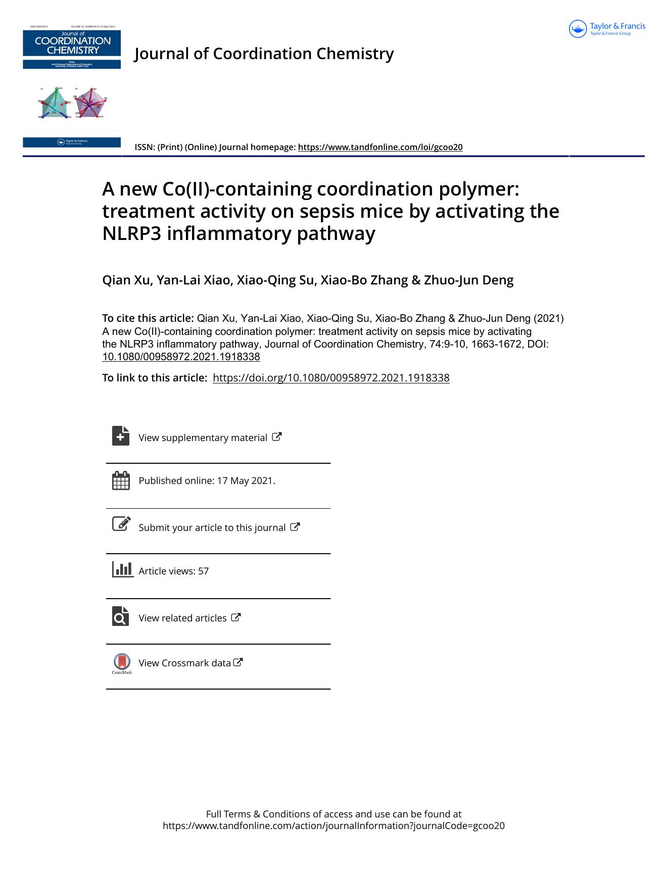 A new Co(II)-containing coordination polymer: treatment activity on sepsis mice by activating the NLRP3 inflammatory pathway by Xu Qian & Xiao Yan-Lai & Su Xiao-Qing & Zhang Xiao-Bo & Deng Zhuo-Jun