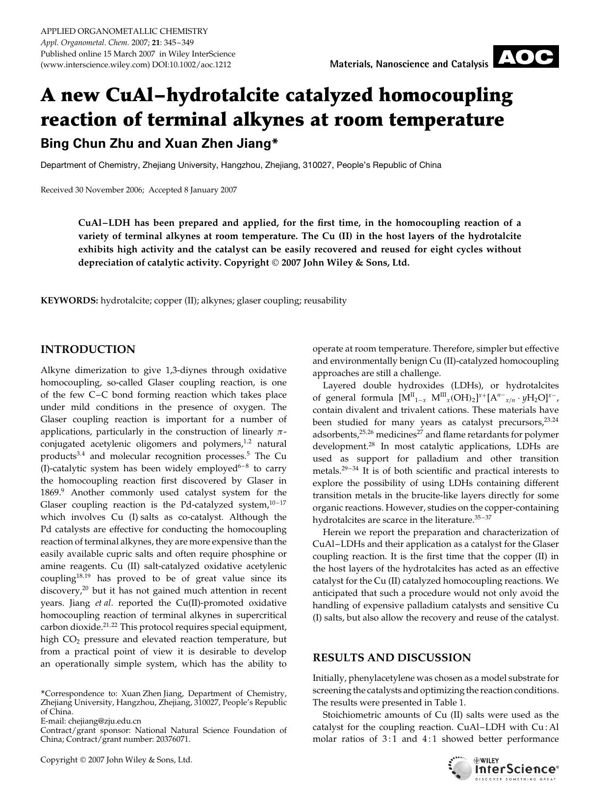 A new CuAl-hydrotalcite catalyzed homocoupling reaction of terminal alkynes at room temperature by Unknown