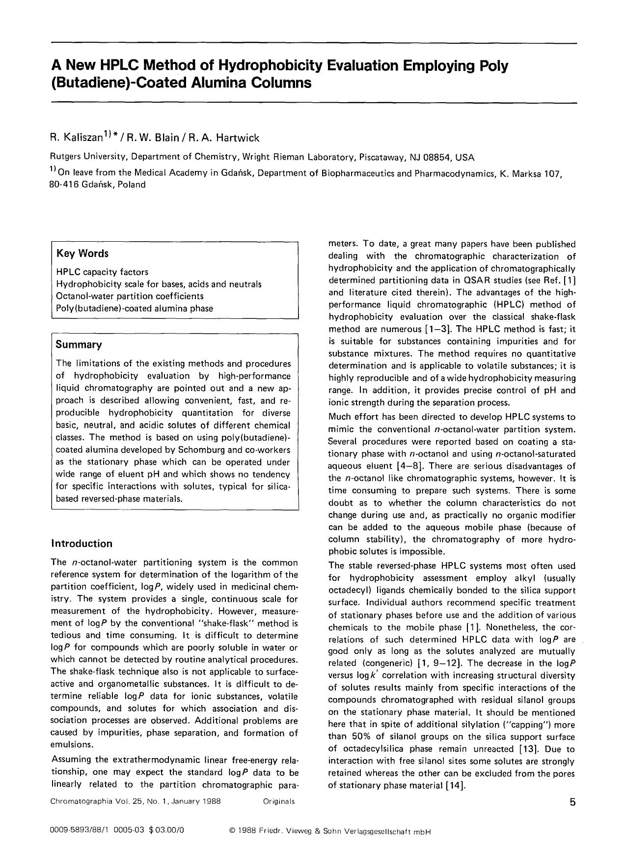 A new HPLC method of hydrophobicity evaluation employing poly (butadiene)-coated alumina columns by Unknown