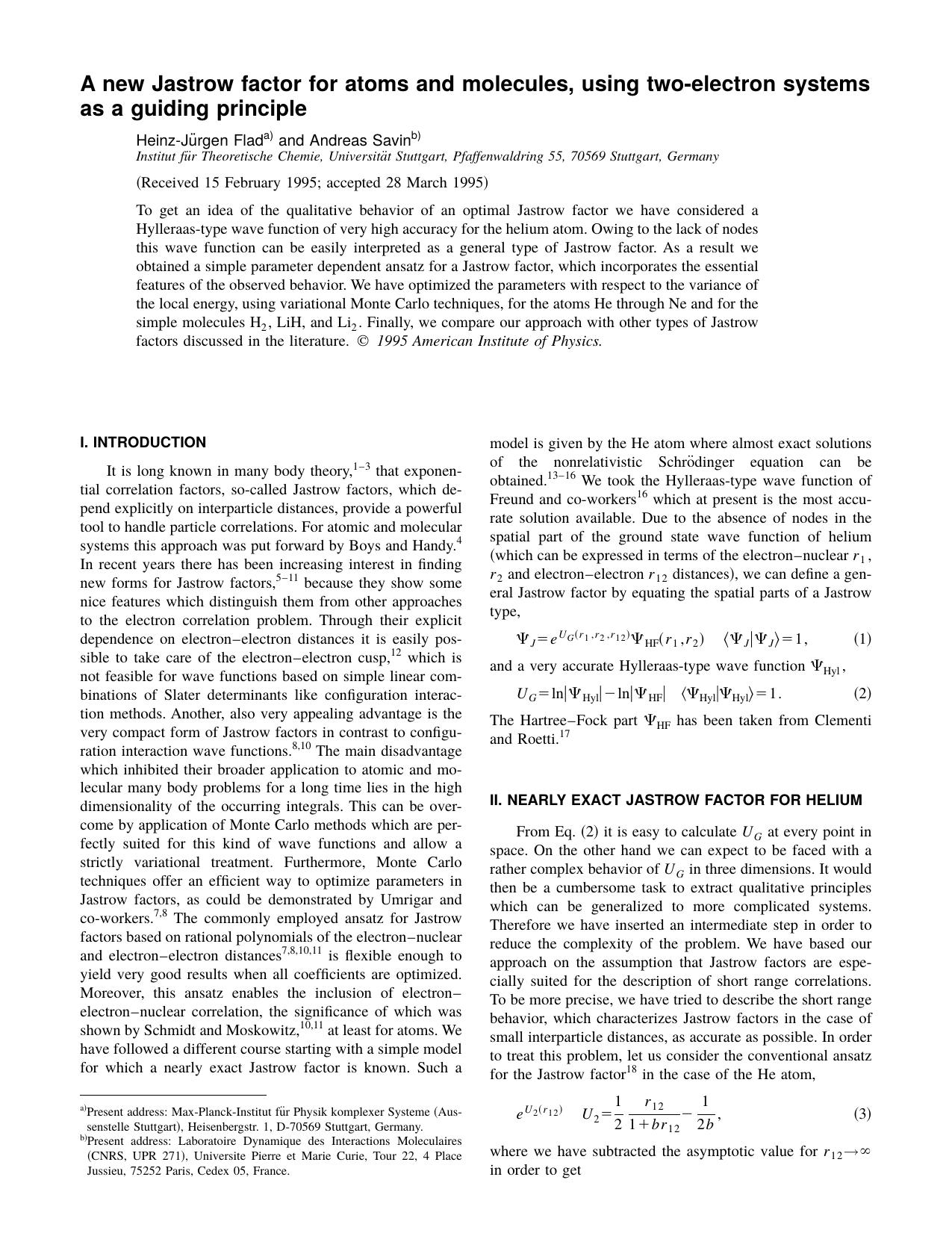 A new Jastrow factor for atoms and molecules, using two-electron systems as a guiding principle by Heinz-Jurgen Flad & Andreas Savin