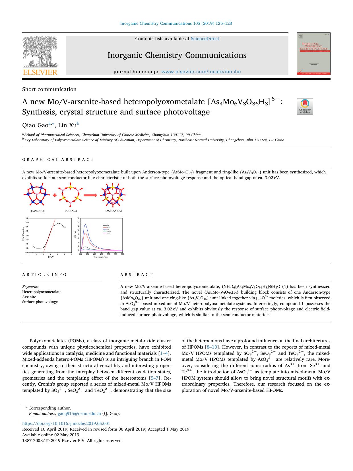 A new MoV-arsenite-based heteropolyoxometalate [As4Mo6V3O36H3]6â_ Synthesis, crystal structure and surface photovoltage by Qiao Gao & Lin Xu