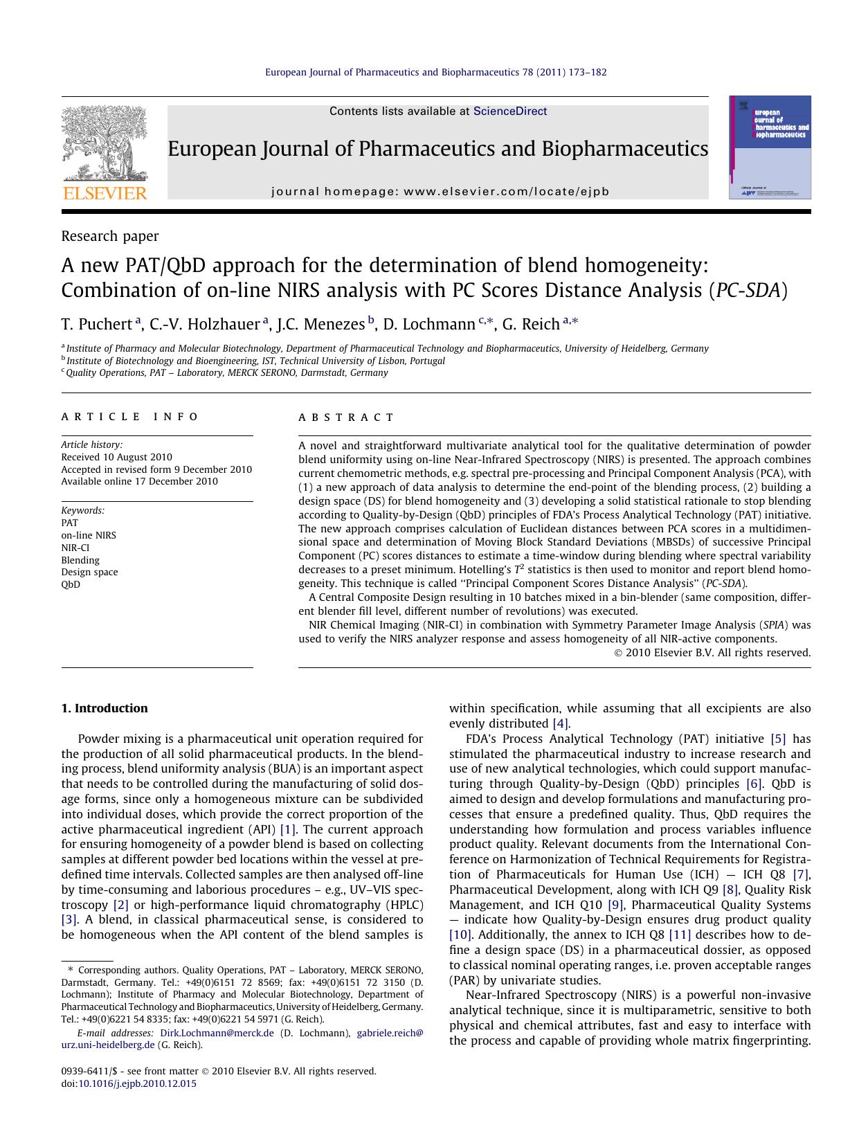 A new PATQbD approach for the determination of blend homogeneity: Combination of on-line NIRS analysis with PC Scores Distance Analysis (PC-SDA) by T. Puchert & C.-V. Holzhauer & J.C. Menezes & D. Lochmann & G. Reich