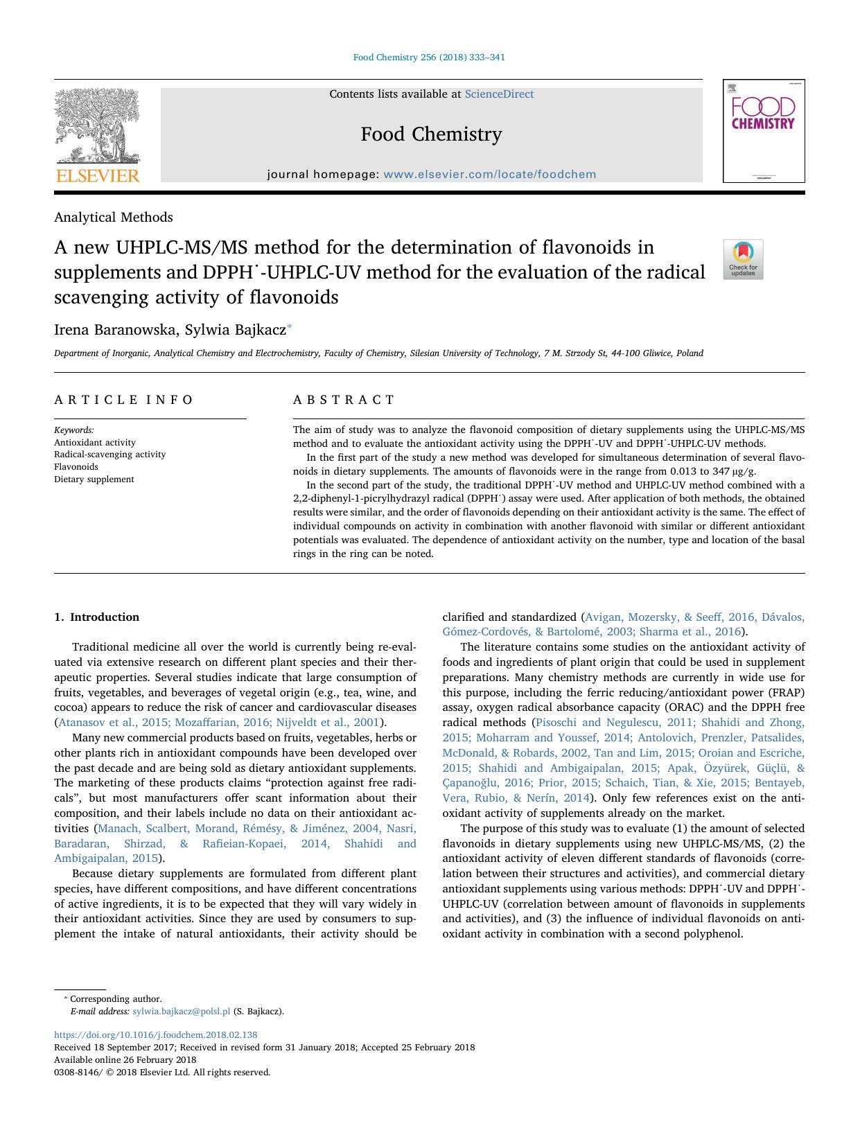 A new UHPLC-MSMS method for the determination of flavonoids in supplements and DPPH-UHPLC-UV method for the evaluation of the radical scavenging activity of flavonoids by Irena Baranowska