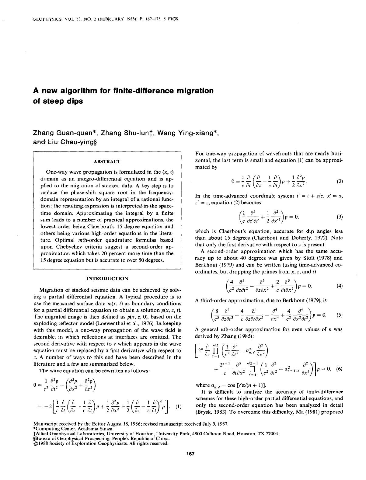A new algorithm for finite-difference migration of steep dips by Guan-Quan Z.; Shu-Lun Z.; Ying-Xiang W.; Chau-Ying L