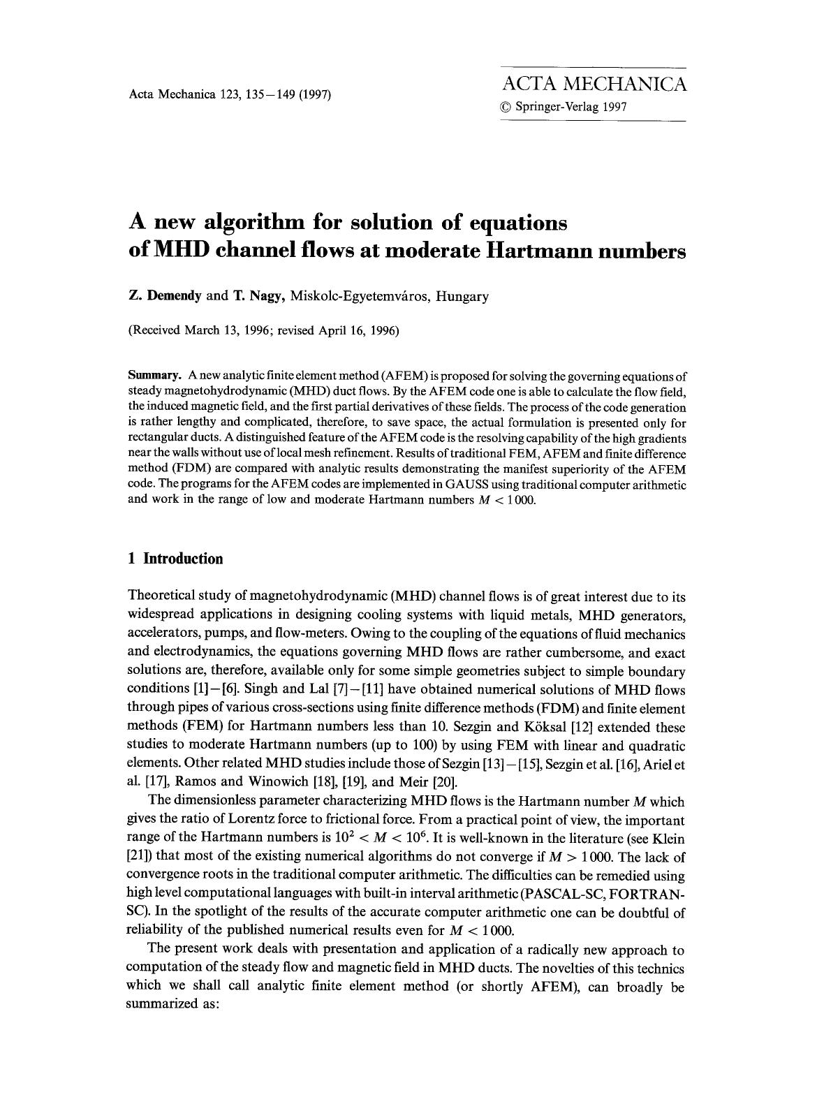 A new algorithm for solution of equations of MHD channel flows at moderate Hartmann numbers by Unknown