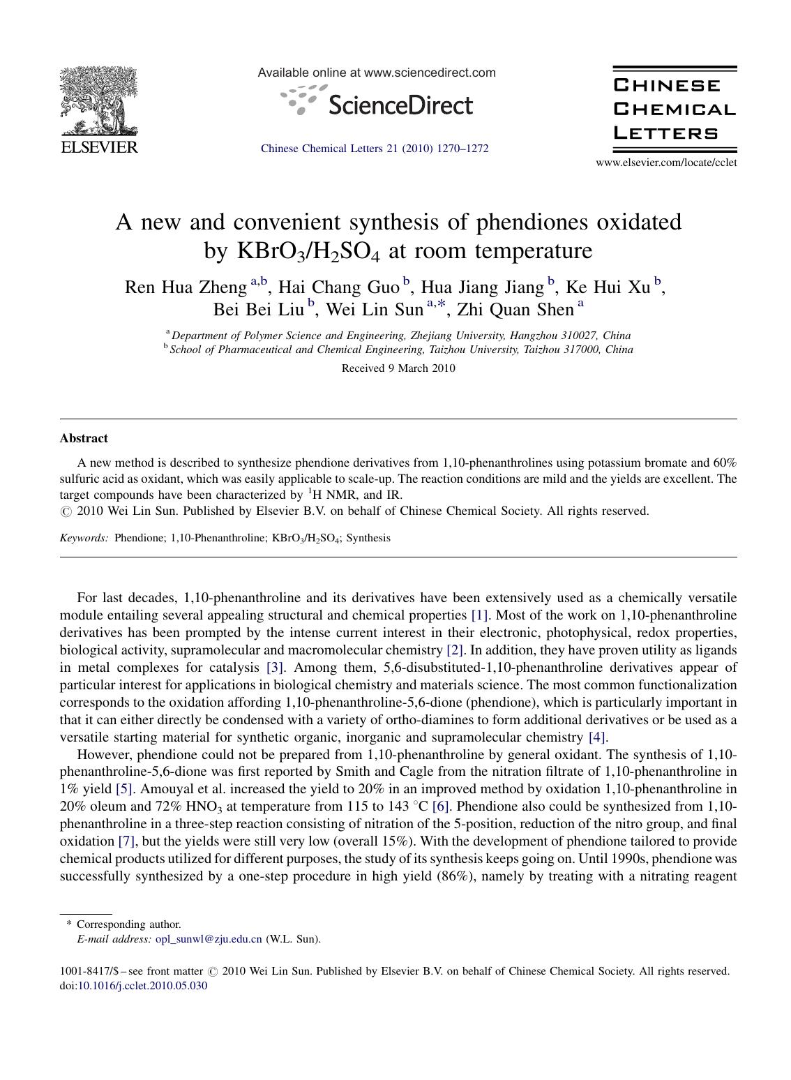 A new and convenient synthesis of phendiones oxidated by KBrO3H2SO4 at room temperature by Ren Hua Zheng
