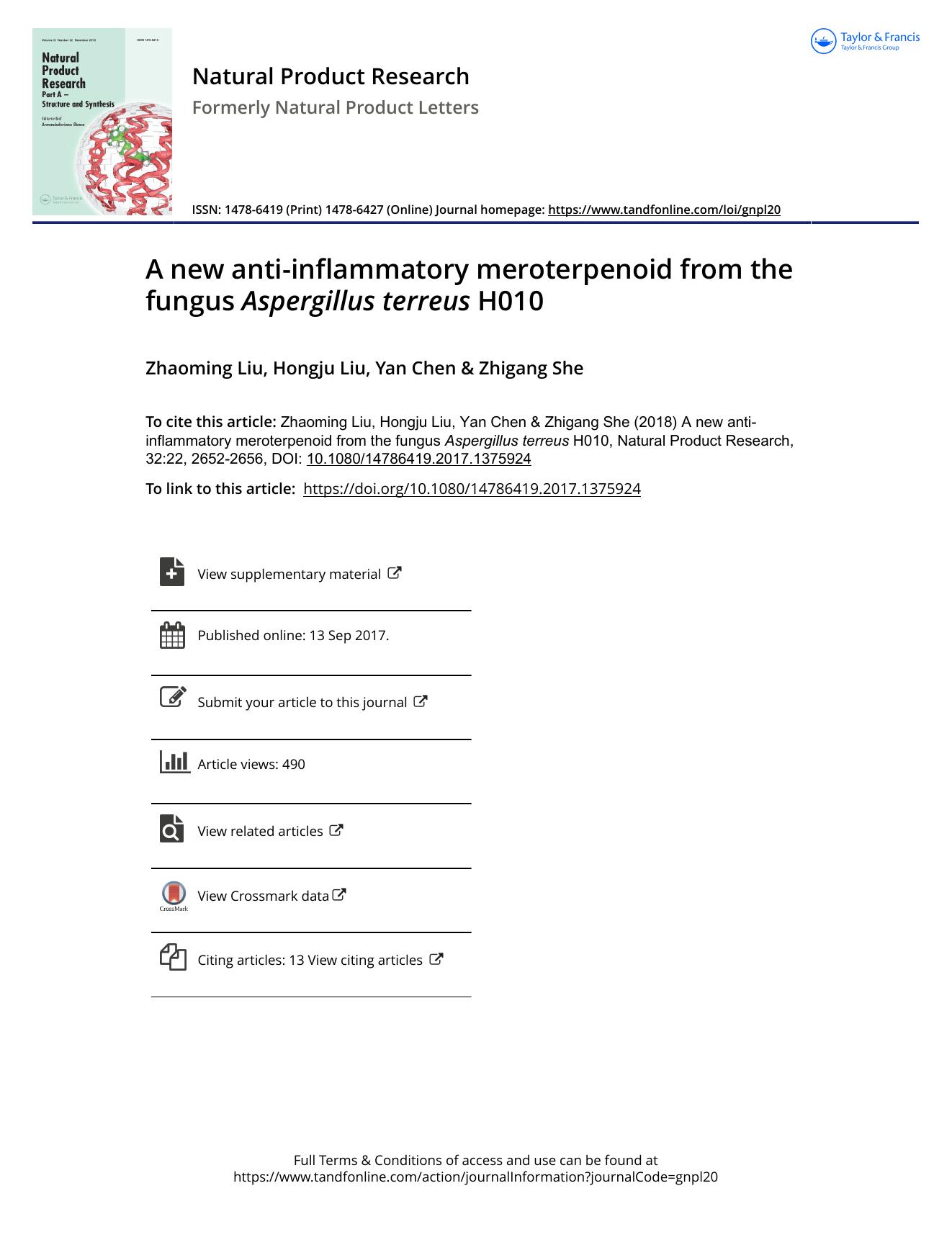 A new anti-inflammatory meroterpenoid from the fungus Aspergillus terreus H010 by Zhaoming Liu & Hongju Liu & Yan Chen & Zhigang She