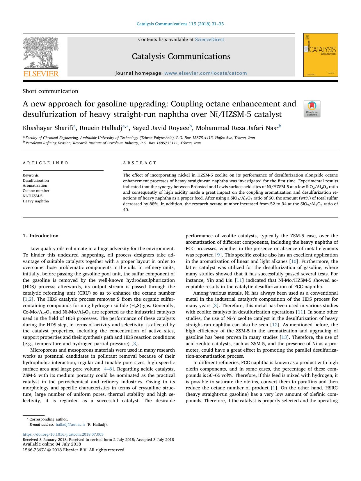 A new approach for gasoline upgrading_ Coupling octane enhancement and desulfurization of heavy straight-run naphtha over NiHZSM-5 catalyst by Khashayar Sharifi & Rouein Halladj & Sayed Javid Royaee & Mohammad Reza Jafari Nasr