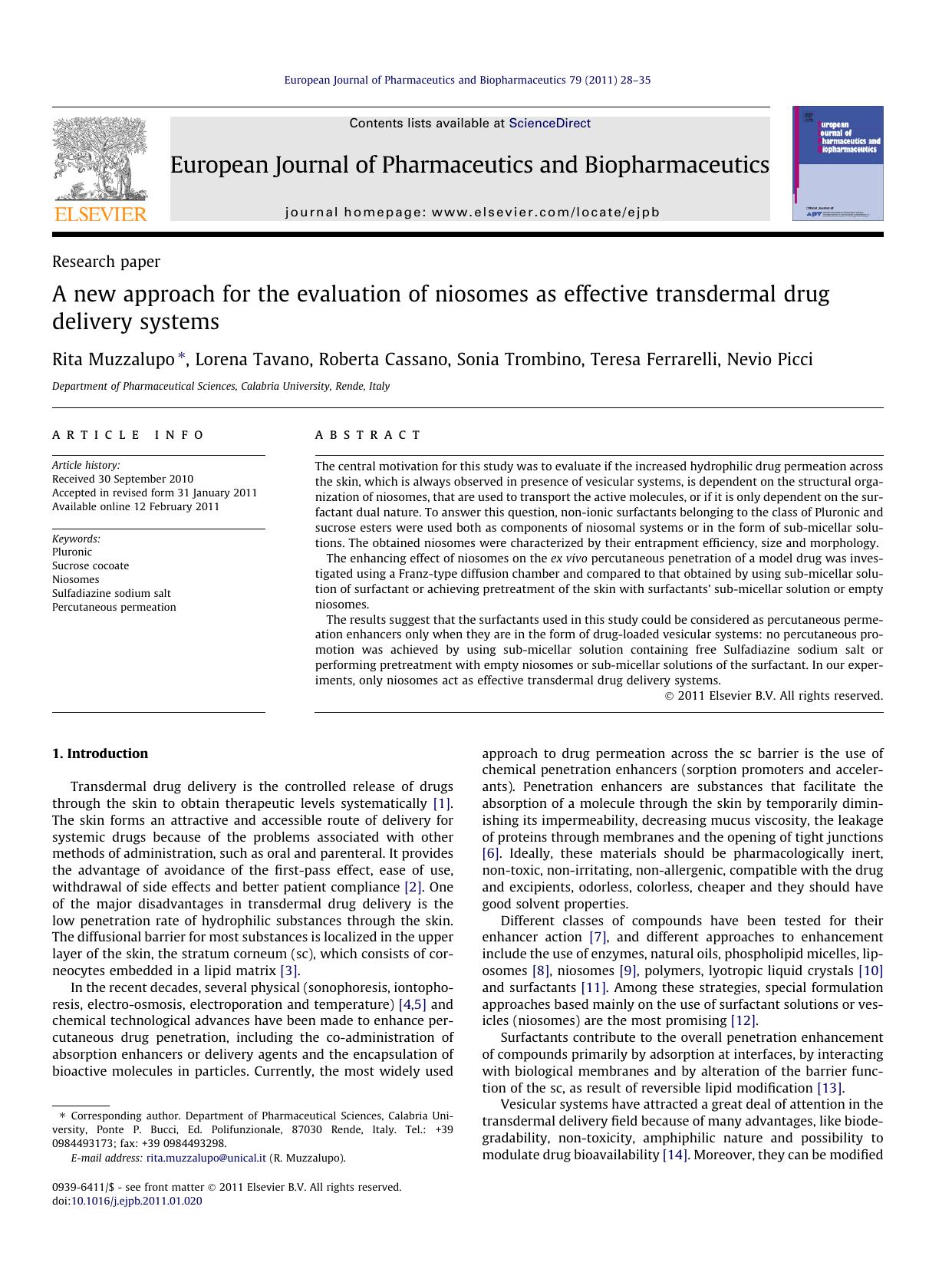 A new approach for the evaluation of niosomes as effective transdermal drug delivery systems by Rita Muzzalupo & Lorena Tavano & Roberta Cassano & Sonia Trombino & Teresa Ferrarelli & Nevio Picci