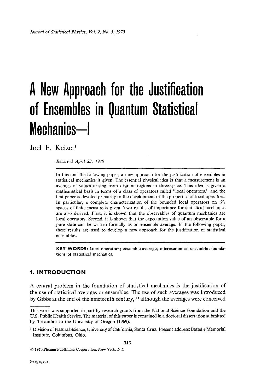 A new approach for the justification of ensembles in quantum statistical mechanics — I by Unknown