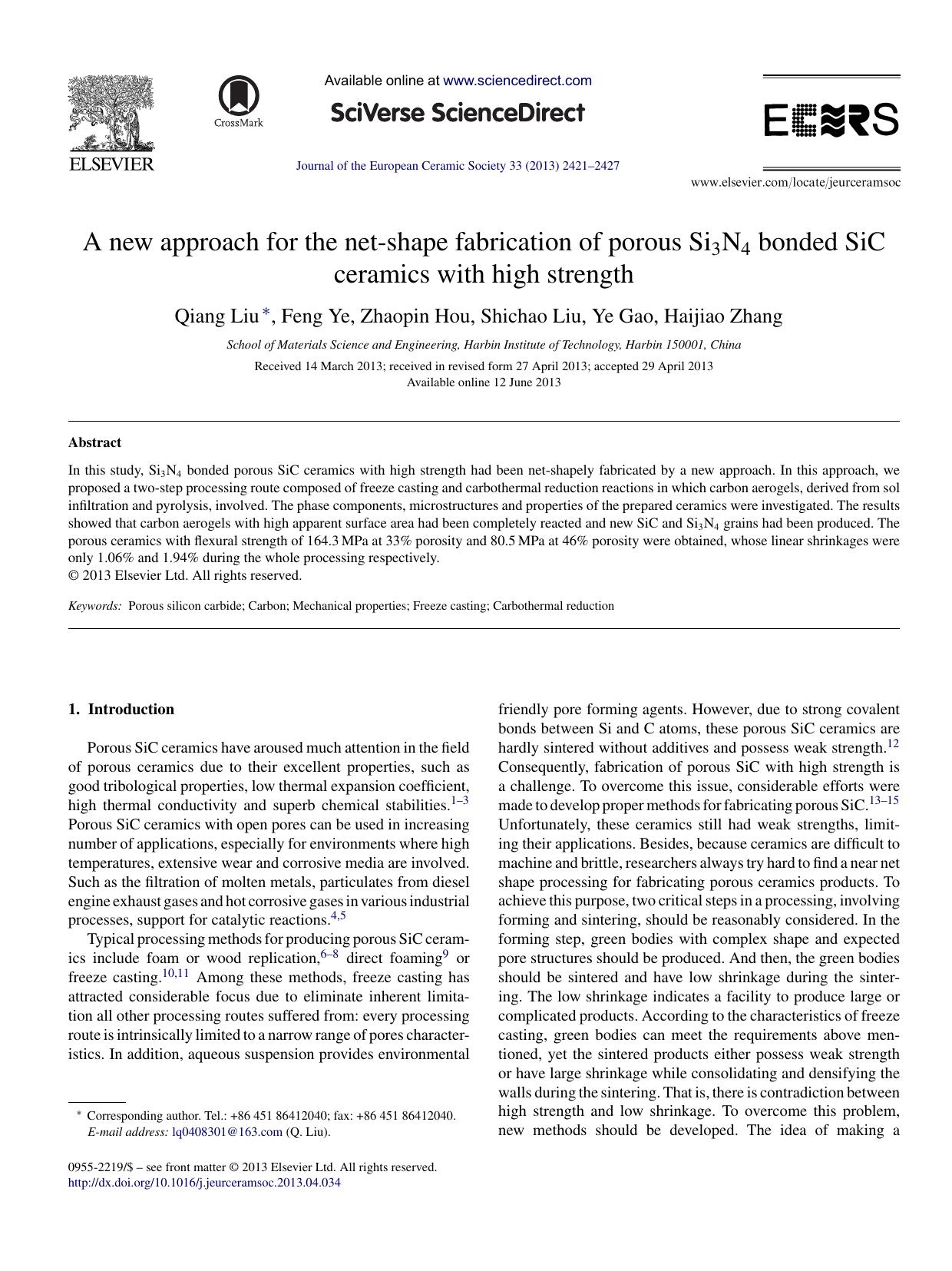 A new approach for the net-shape fabrication of porous Si3N4 bonded SiC ceramics with high strength by Qiang Liu