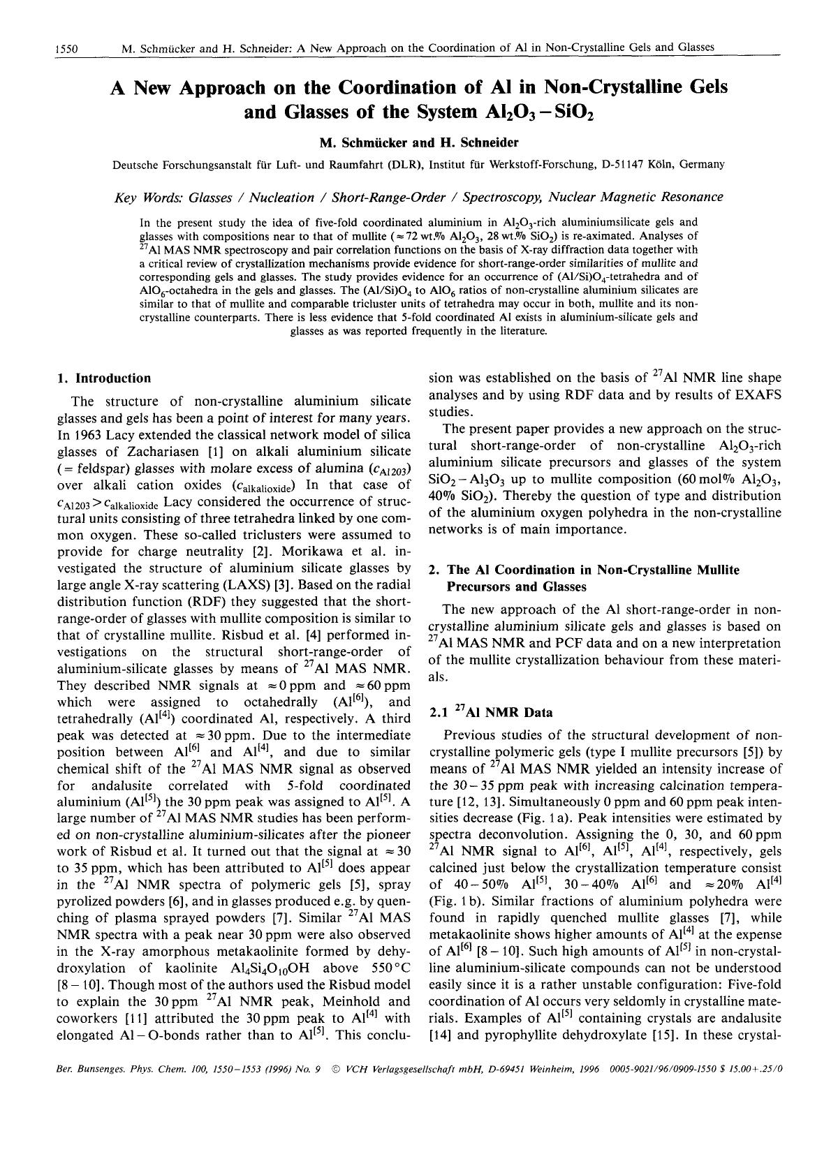 A new approach on the coordination of al in non-crystalline gels and glasses of the system Al2O3-SiO2 by Unknown