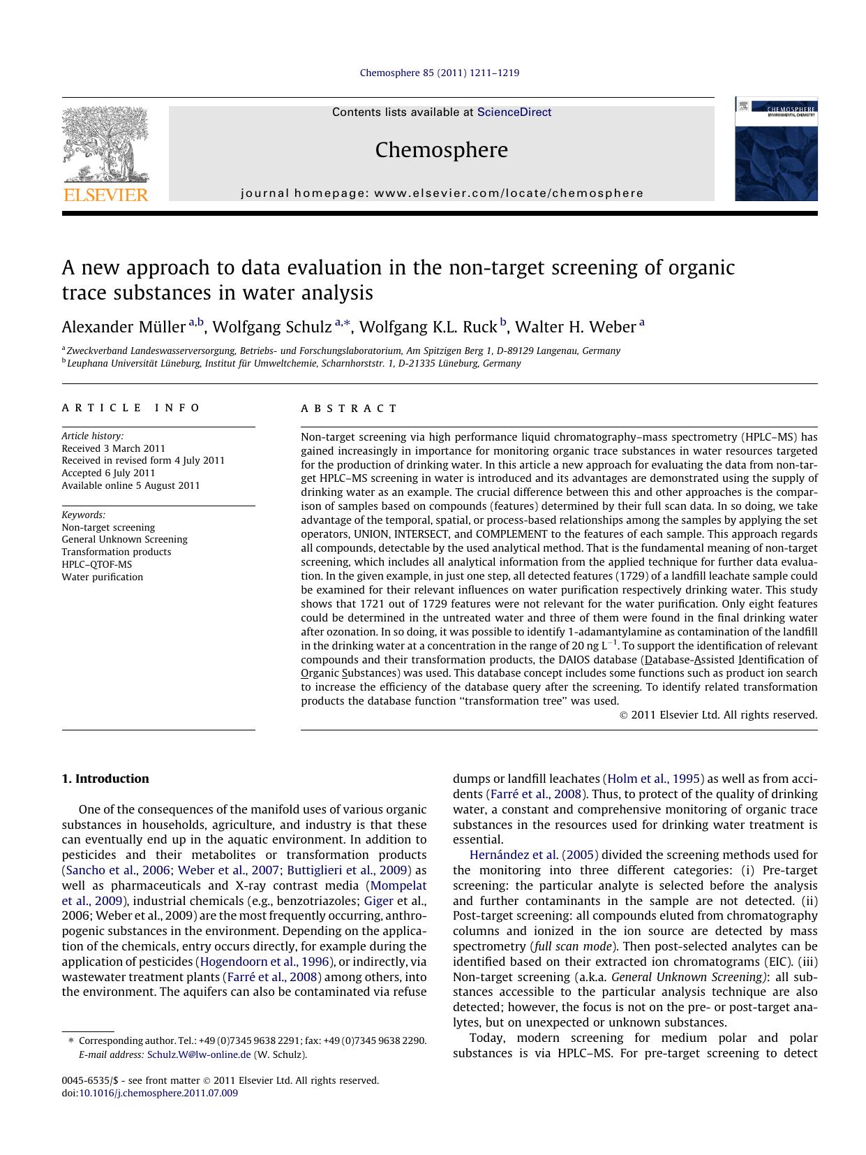 A new approach to data evaluation in the non-target screening of organic trace substances in water analysis by Alexander MÃ¼ller & Wolfgang Schulz & Wolfgang K.L. Ruck & Walter H. Weber