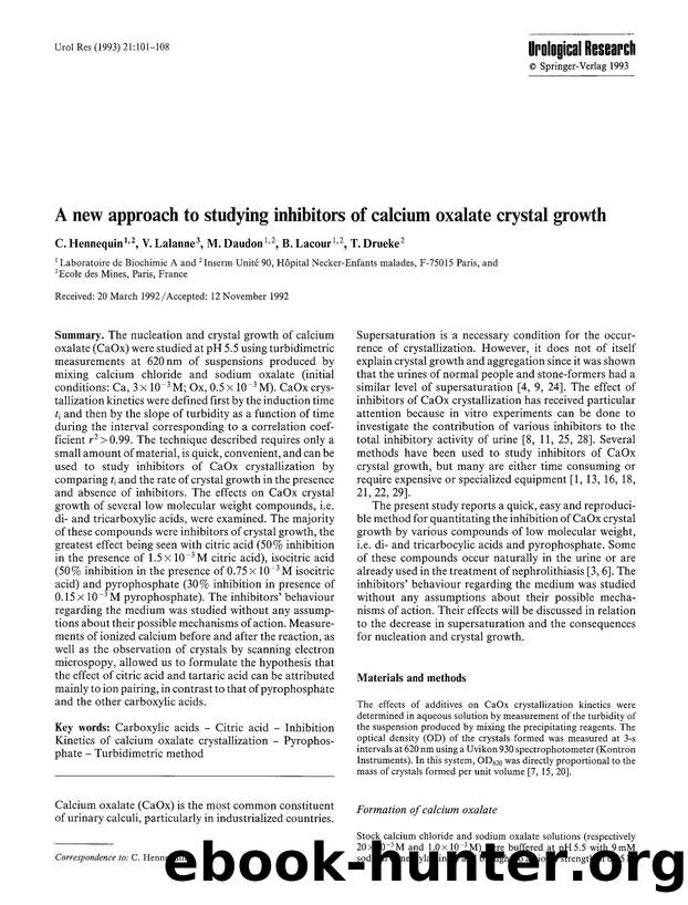 A new approach to studying inhibitors of calcium oxalate crystal growth by Unknown