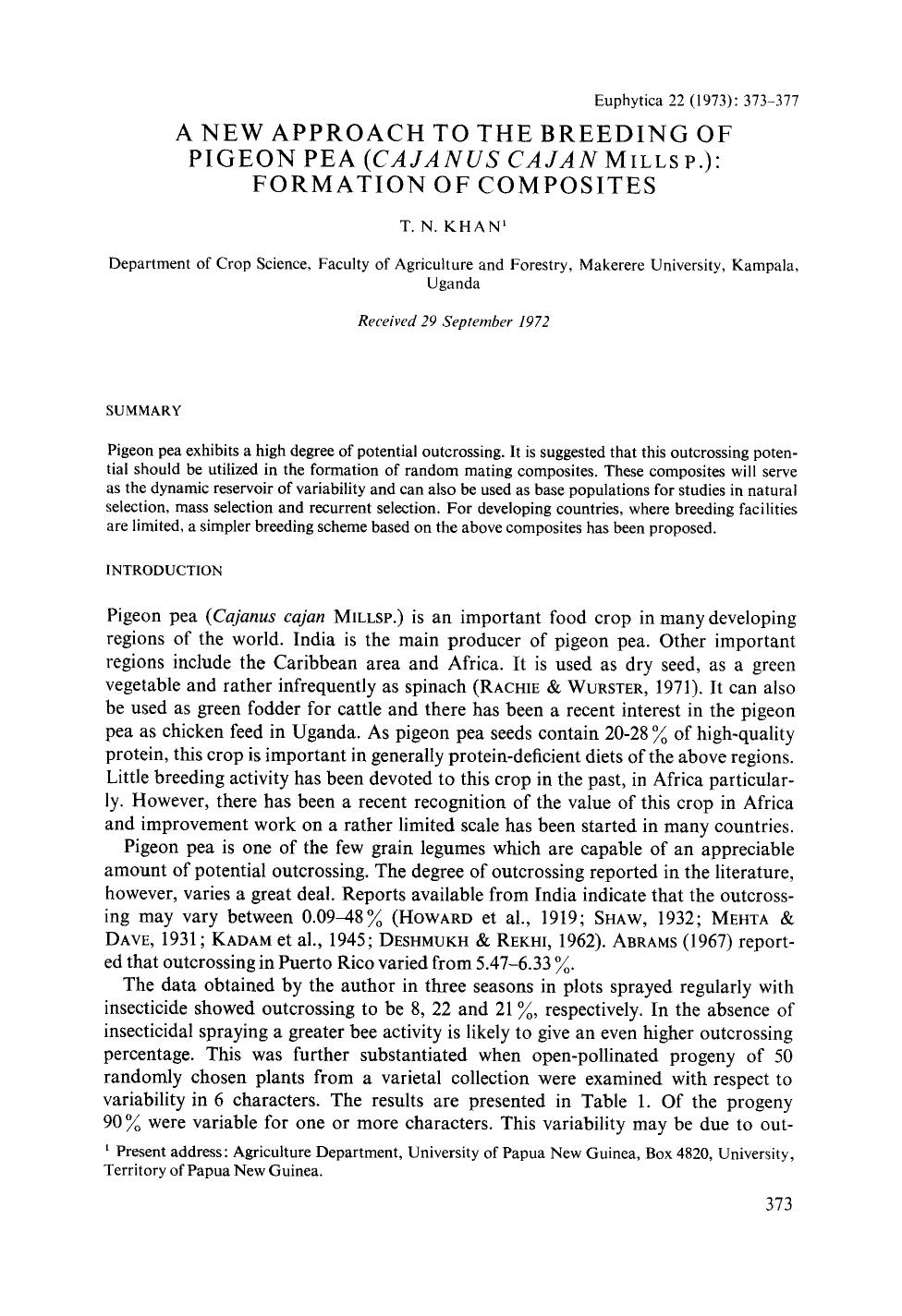 A new approach to the breeding of pigeon pea ( <Emphasis Type="Italic">cajanus cajan <Emphasis> <Emphasis Type="SmallCaps">Millsp. <Emphasis>): formation of composites by Unknown